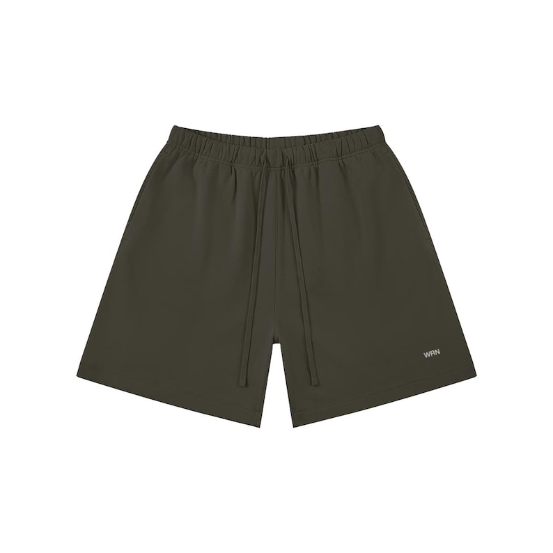 May include: Dark olive green athletic shorts with an elasticated waistband and a drawstring. The shorts have a relaxed fit and feature the brand name "WRN" in white on the lower right leg. Suitable for sports and casual wear.