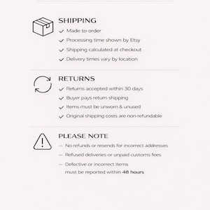 May include: A graphic with the text "SHIPPING & RETURNS" and information about shipping, returns, and important notes. The shipping section includes details about made-to-order items, processing times, and delivery. The returns section outlines the return policy, and the note section provides additional information.