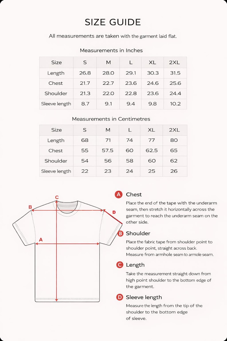 May include: Size guide with measurements in inches and centimeters for a garment. Includes length, chest, shoulder, and sleeve length measurements for sizes S to 2XL. Diagrams illustrate how to measure chest, shoulder, length, and sleeve length.