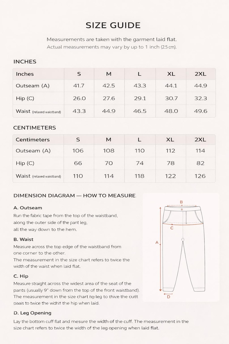Puede incluir: Una tabla de gu&iacute;a de tallas para pantalones con medidas en pulgadas y cent&iacute;metros para las tallas S a 2XL. Incluye un diagrama de dimensiones etiquetado A, B, C y D con instrucciones sobre c&oacute;mo medir la costura exterior, cintura, cadera y abertura de pierna.