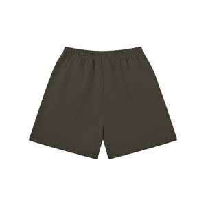 May include: Dark olive green shorts with an elasticated waistband. The shorts are made from a soft, lightweight fabric. These casual shorts are suitable for everyday wear.