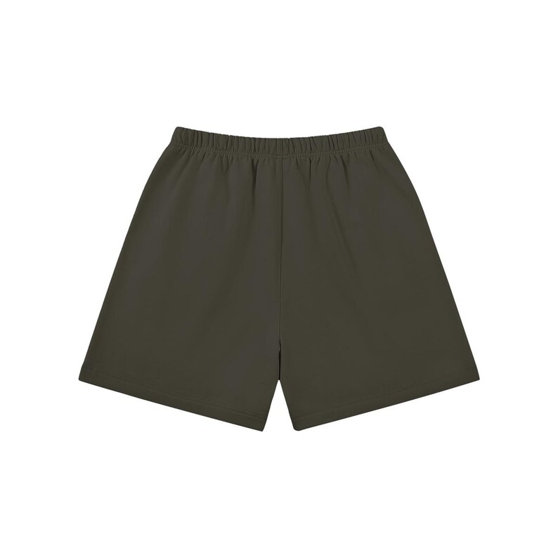 May include: Dark olive green shorts with an elasticated waistband. The shorts are made from a soft, lightweight fabric. These casual shorts are suitable for everyday wear.