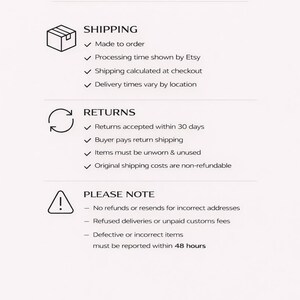 Puede incluir: Un documento titulado SHIPPING & RETURNS con secciones para env&iacute;os, devoluciones y notas importantes. Enumera pol&iacute;ticas que incluyen fabricaci&oacute;n bajo pedido, devoluciones en 30 d&iacute;as y reporte de art&iacute;culos defectuosos en 48 horas.