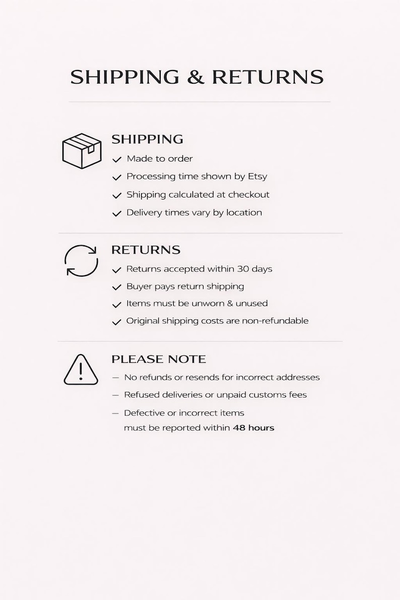 Puede incluir: Un documento titulado SHIPPING & RETURNS con secciones para env&iacute;os, devoluciones y notas importantes. Enumera pol&iacute;ticas que incluyen fabricaci&oacute;n bajo pedido, devoluciones en 30 d&iacute;as y reporte de art&iacute;culos defectuosos en 48 horas.