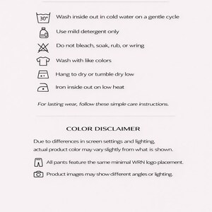 K&ouml;nnte beinhalten: Eine wei&szlig;e Informationskarte mit den &Uuml;berschriften CARE INSTRUCTIONS und COLOR DISCLAIMER. Sie enth&auml;lt Waschsymbole und Anweisungen zum Waschen auf links in kaltem Wasser, zur Verwendung von Feinwaschmittel, zum Bleichverzicht sowie zum Trocknen und B&uuml;geln.