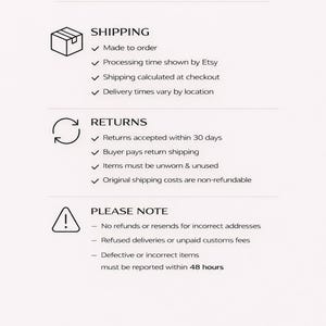 May include: A graphic with the text "SHIPPING & RETURNS" and details about shipping, returns, and important notes. Shipping information includes made-to-order, processing time, shipping calculation, and delivery times. Returns are accepted within 30 days.