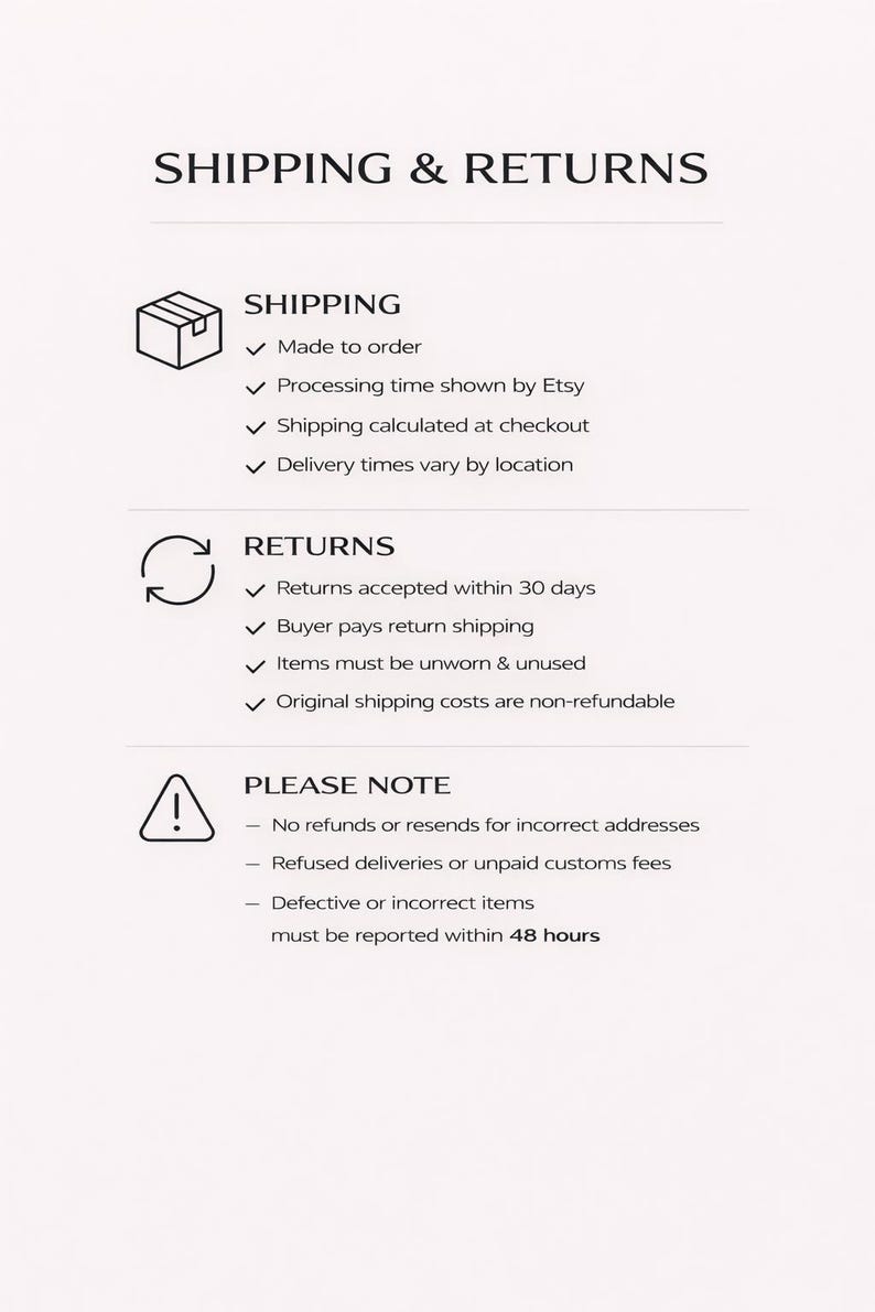 May include: A graphic with the text "SHIPPING & RETURNS" and details about shipping, returns, and important notes. Shipping information includes made-to-order, processing time, shipping calculation, and delivery times. Returns are accepted within 30 days.