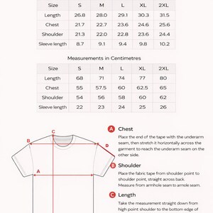 May include: Size guide for a t-shirt, with measurements in inches and centimeters. Includes length, chest, shoulder, and sleeve length measurements for sizes S, M, L, XL, and 2XL. Diagrams show how to measure chest, shoulder, length, and sleeve length.