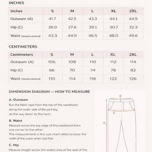 K&ouml;nnte beinhalten: Eine Gr&ouml;&szlig;entabelle f&uuml;r Hosen mit Ma&szlig;en in Zoll und Zentimetern f&uuml;r die Gr&ouml;&szlig;en S bis 2XL. Sie enth&auml;lt ein Ma&szlig;diagramm mit den Bezeichnungen A, B, C und D sowie Anleitungen zum Messen von Au&szlig;ennaht, Taille, H&uuml;fte und Bein&ouml;ffnung.