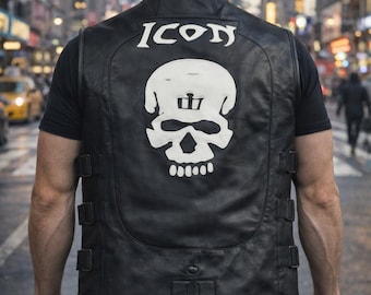Mens Black Leather Motorcycle Vest, Sleeveless Biker Riding Vest for Streetwear
