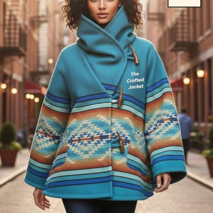 May include: A teal jacket with a high collar and wooden toggle closures. The sleeves feature a Southwestern-inspired pattern in shades of blue, orange, and cream. The text "The Crafted Jacket" is visible on the jacket.