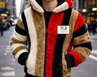 Multicolor Faux Fur Bomber Jacket with Hood, Unisex Plush Winter Streetwear Hoodie Coat