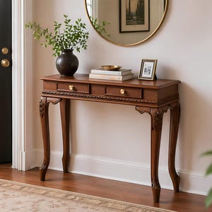 Handgesneden consoletafel, houten haltafel, vintage haltafel, massief houten console, accenttafel, woondecoratie, handgemaakt houten
