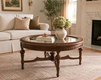 Round Coffee Table with Glass Top, Carved Wood Coffee Table, Solid Wood Table, Classic Living Room Furniture, Handmade Table, Home Decor