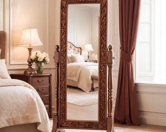 Espejo de pie de madera tallada a mano, espejo de cuerpo entero, espejo de pie vintage, espejo de tocador de madera maciza, decoración de dormitorio