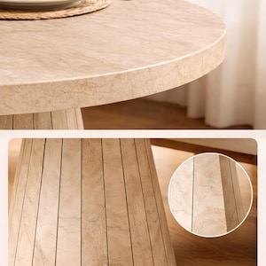 Close-up of round tabletop edge showing travertine look texture and thick stone style finish