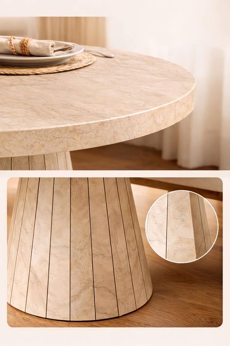 Close-up of round tabletop edge showing travertine look texture and thick stone style finish