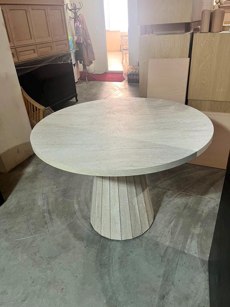Round Travertine Dining Table, Travertine Table, Pedestal Kitchen Table, Modern Breakfast Table, Handmade Wooden Table, Round Wooden Table image 4
