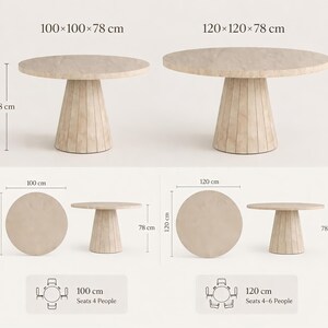 Round dining table dimensions image showing 100 cm and 120 cm size options with 78 cm height and seating capacity for 4 to 6 people