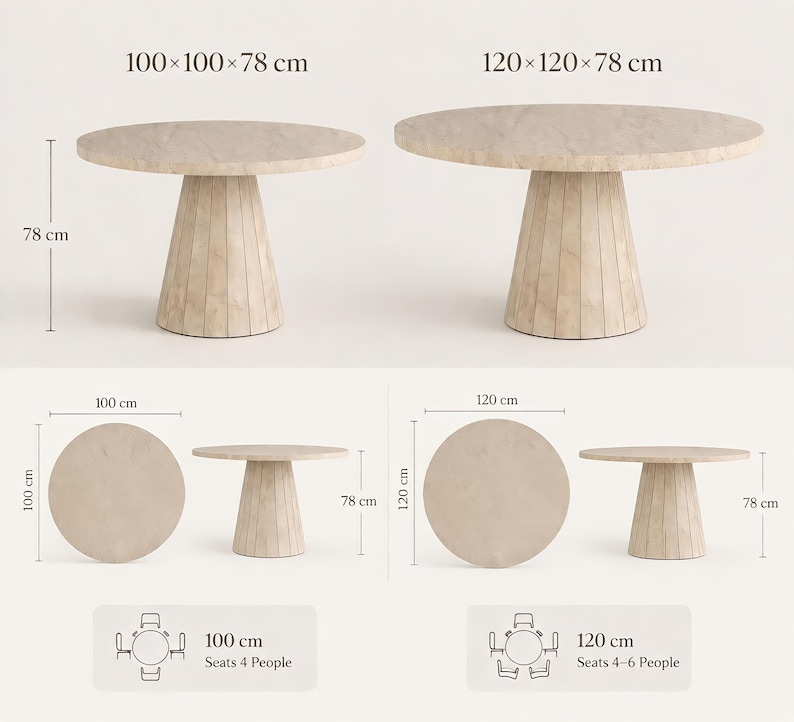 Round dining table dimensions image showing 100 cm and 120 cm size options with 78 cm height and seating capacity for 4 to 6 people