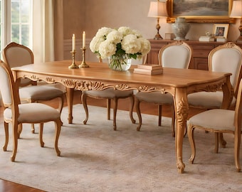 Vintage French Style Dining Table, Carved Solid Wood Dining Table, Walnut Beech Kitchen Table, Handmade Luxury Table, 8 Seat Dining Table