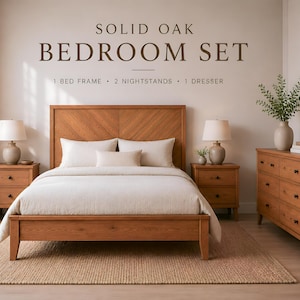 Juego de dormitorio de madera maciza, estructura de cama, 2 mesitas de noche, cómoda, muebles de estilo rústico moderno.