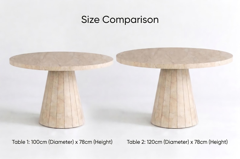 Round dining table dimensions image showing 100 cm and 120 cm size options with 78 cm height and seating capacity for 4 to 6 people
