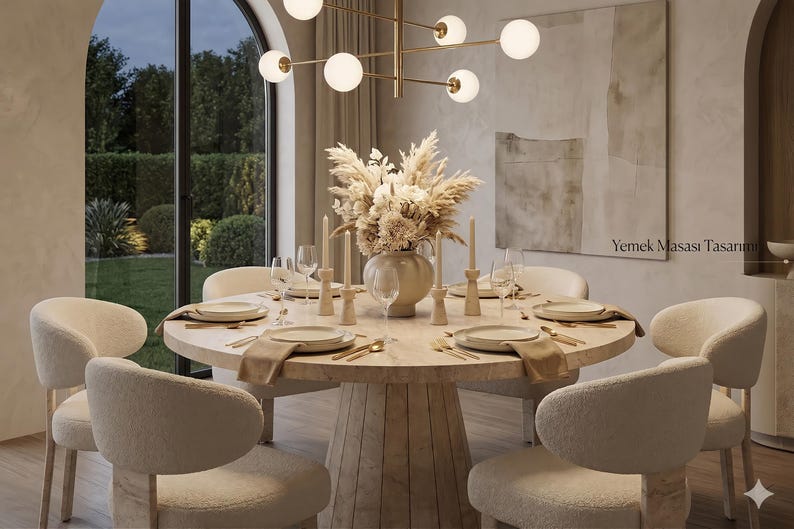Round breakfast table with travertine finish styled with plates, cups and modern dining chairs in a bright kitchen space