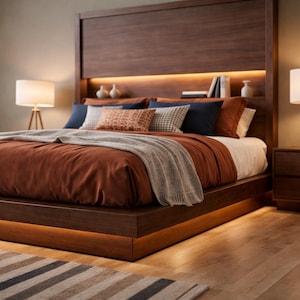 Könnte beinhalten: Ein modernes Schlafzimmer-Set mit einem dunklen Holzbettrahmen mit integrierter Beleuchtung. Das Bett ist mit einer rostfarbenen Bettdecke und dekorativen Kissen ausgestattet. Zwei passende Nachttische mit Lampen flankieren das Bett. Ein gestreifter Teppich liegt auf dem Boden.
