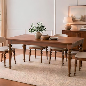Massief houten eettafel, rechthoekige tafel, tafel gedraaide poot, handgemaakte boerderij keukentafel, moderne klassieke eettafel, woondecoratie