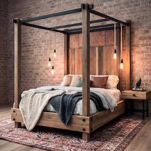 Solid wood four poster bed with tall canopy frame and sturdy wooden posts designed for a rustic bedroom