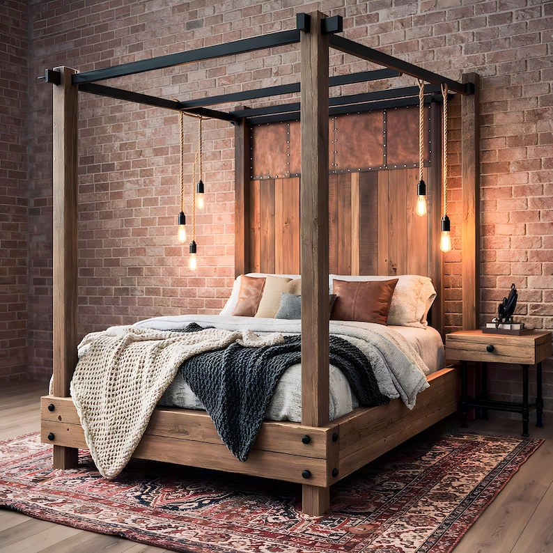 Solid wood four poster bed with tall canopy frame and sturdy wooden posts designed for a rustic bedroom