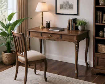 Carved Wooden Writing Desk, Solid Wood Study Desk with Drawer, Classic Wooden Table, Small Home Office Desk, Handmade Desk, Home Decor