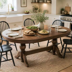 Könnte beinhalten: Ein ovaler Esstisch aus Holz mit einem Säulenfuß und vier schwarzen Stühlen mit Spindelrücken. Der Tisch ist mit weißen Tellern, klaren Gläsern, Servietten, einer Holzschüssel mit Salat, Brot und einem Teller mit Nudeln gedeckt.