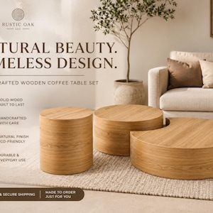 Solid Wood Nested Coffee Table Set, Round Oak Coffee Table, Organic Modern Living Room Furniture, Coffee Table, Handmade Nesting Tables