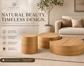 Massief houten geneste salontafelset, ronde eiken salontafel, biologisch modern woonkamermeubilair, salontafel, handgemaakte bijzettafels