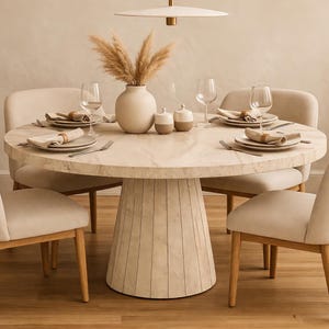 Round travertine look dining table with fluted pedestal base styled in a modern beige dining room with four upholstered chairs