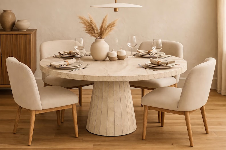 Round travertine look dining table with fluted pedestal base styled in a modern beige dining room with four upholstered chairs