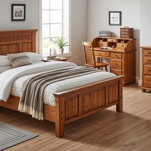 Estructura de cama de madera maciza, estructura de cama de nogal, cama plataforma tamaño king y queen, estructura de cama de madera con cabecero decorativo.