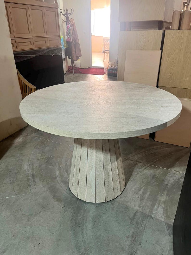 Round Travertine Dining Table, Travertine Table, Pedestal Kitchen Table, Modern Breakfast Table, Handmade Wooden Table, Round Wooden Table image 3