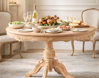 Hand Carved Round Dining Table, Solid Wood Pedestal Table, Vintage French Style Kitchen Table, Walnut Beech Lacquer Dining Room Furniture