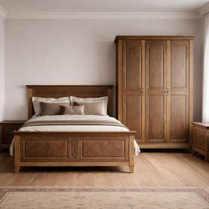 Estructura de cama de nogal macizo a medida, muebles de dormitorio rústicos modernos hechos a mano, muebles hechos a mano, muebles de dormitorio