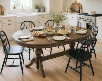 Mesa de comedor ovalada, mesa de comedor de madera maciza, mesa de estilo rústico, mesa con pedestal, mesa de cocina de madera, mesa de comedor grande, decoración del hogar