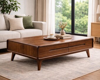 Solid Wood Coffee Table with Drawers, Mid Century Modern Coffee Table, Walnut Living Room Table, Storage Coffee, Handmade Wooden Furniture