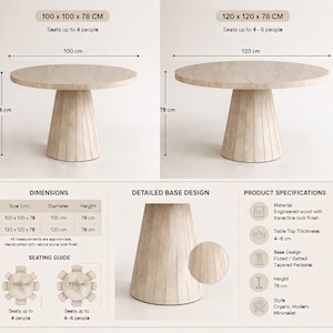 Round dining table dimensions image showing 100 cm and 120 cm size options with 78 cm height and seating capacity for 4 to 6 people