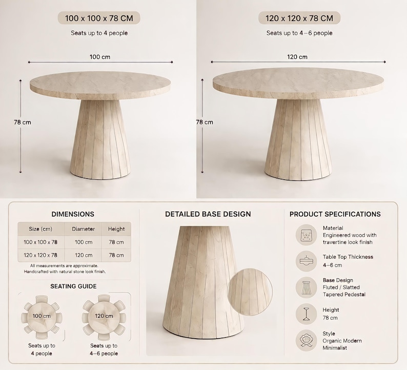 Round dining table dimensions image showing 100 cm and 120 cm size options with 78 cm height and seating capacity for 4 to 6 people