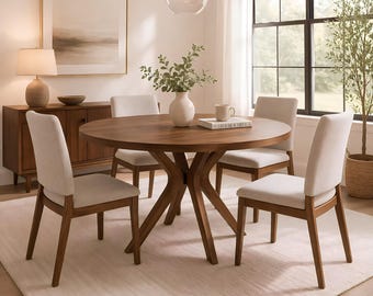 Solid Wood Round Dining Table, Walnut Dining Table for 4, Handmade Modern Kitchen Table, Oak Beech Walnut Table