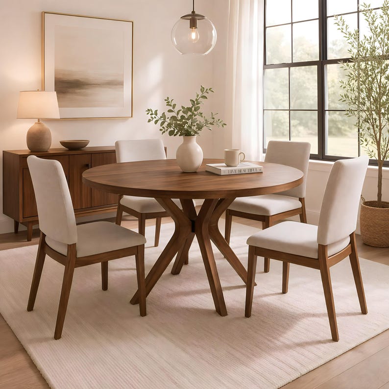 Solid Wood Round Dining Table, Walnut Dining Table for 4, Handmade ...