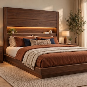 Low Wood Platform Bed Frame with Headboard Shelf, Solid Wood Bed Frame, Handmade Wooden Bed