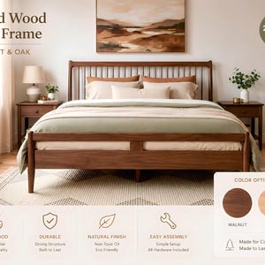 Platform Bed, Solid Wood Bed Frame, Wooden Bed Frame with Headboard, Walnut Bed, Minimal Japanese Style